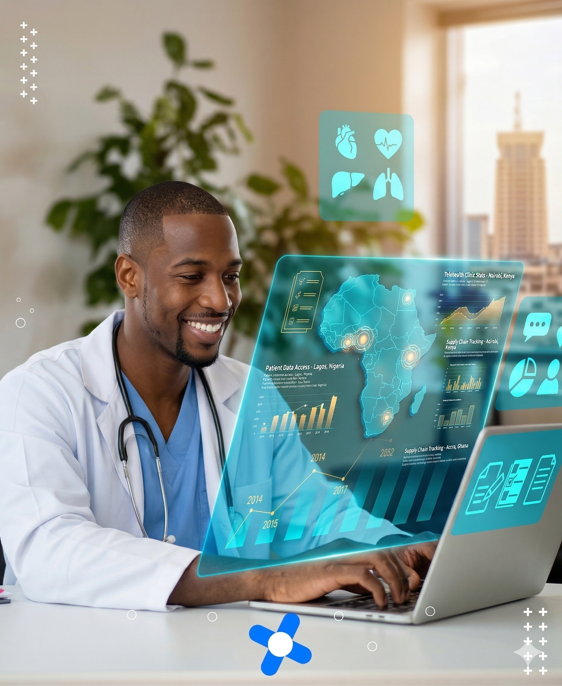 Medecin africain utilisant des outils numeriques de sante avec dashboard Afrique